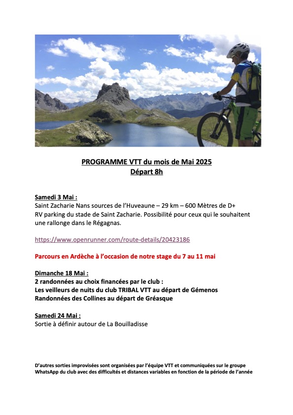 PROGRAMME VTT du mois de Mai 2025